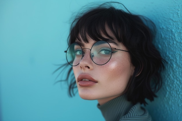 Foto mulher loira de cabelo preto com um par de óculos