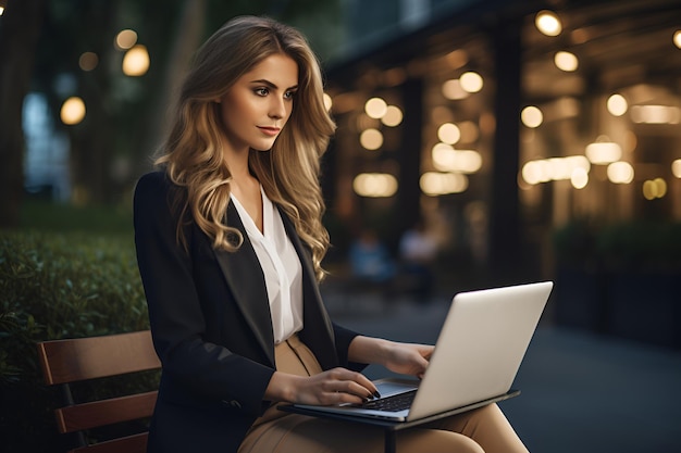 Mulher loira de negócios usando laptop ao ar livre