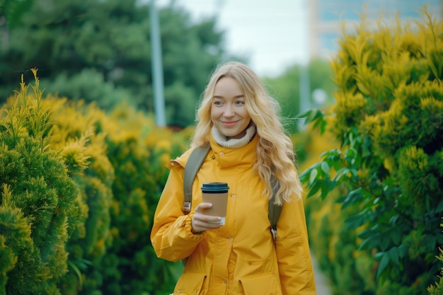 Mulher loira de roupa amarela caminhando com café e telefone
