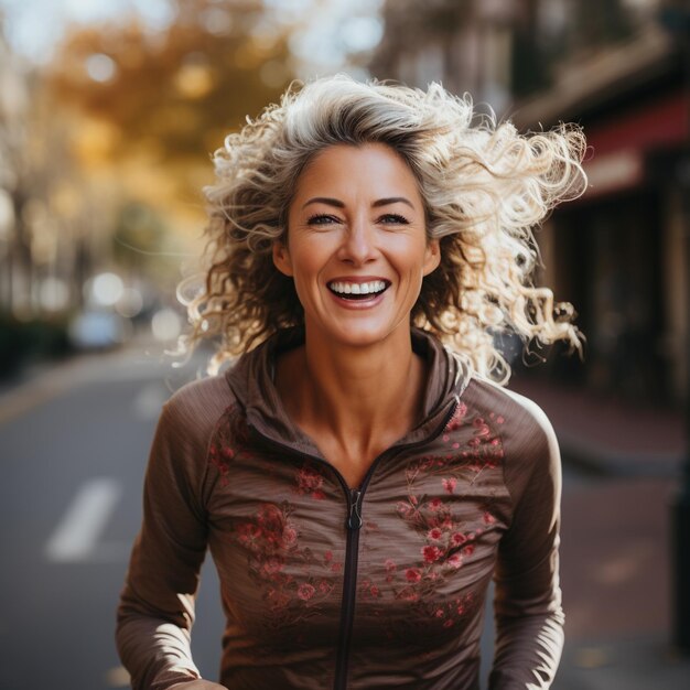 Mulher loira feliz a correr na cidade