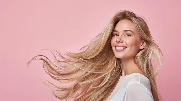 Foto mulher loira feliz com cabelo esvoaçante fundo rosa vibrante ai generative