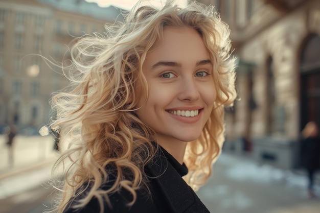 Mulher loira feliz com um casaco preto elegante caminhando ao ar livre