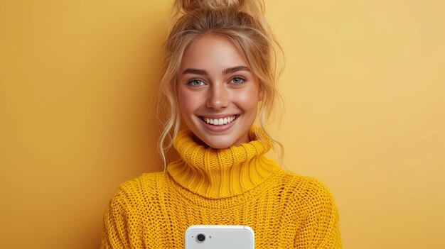 Foto mulher loira rindo mostra tela branca vazia no telefone móvel recomendando a mais nova aplicação móvel divertida estúdio de fundo amarelo maquete cópia espaço colagem