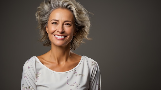 Foto mulher loira sorridente com camisa branca