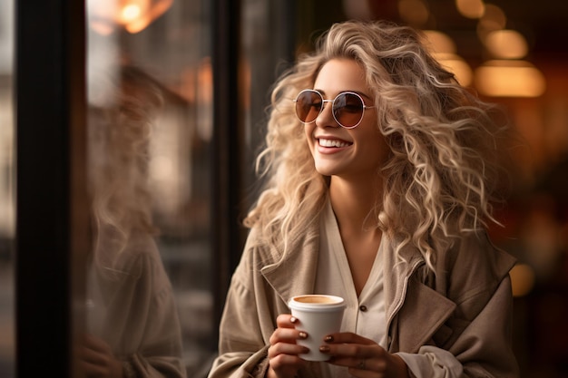 Mulher loira sorridente feliz tomando um café em um café com janela gerado por IA