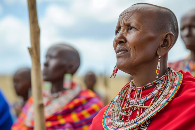 Foto mulher maasai com colares de contas e shuka vermelho em uma cerimônia tribal