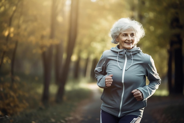 Mulher madura ativa praticando esportes executando IA ao ar livre gerada