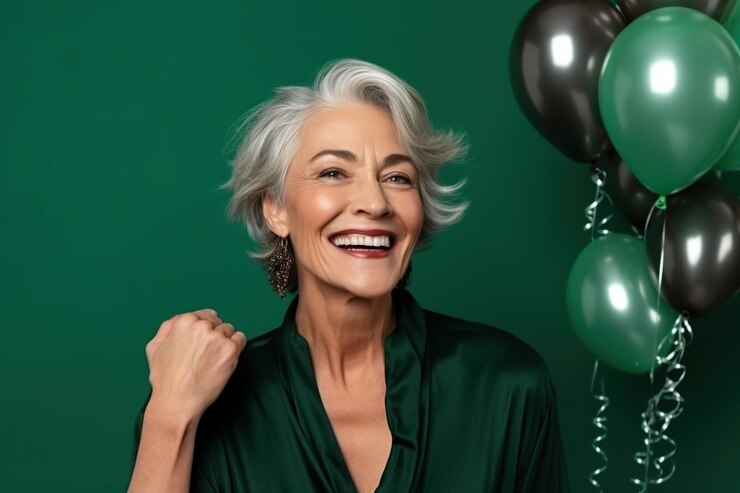 Mulher madura com cabelos cinzentos comemorando festa de Ano Novo feliz em um fundo esmeralda com espaço para cópia