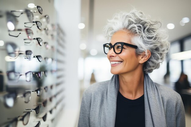 Mulher madura com cabelos grisalhos naturais escolhendo e experimentando óculos em uma loja de oftalmologia