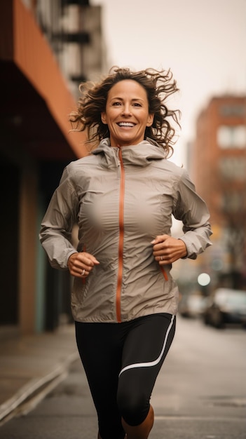 Mulher madura correndo equipamento atlético rua da cidade exercício de passo confiante