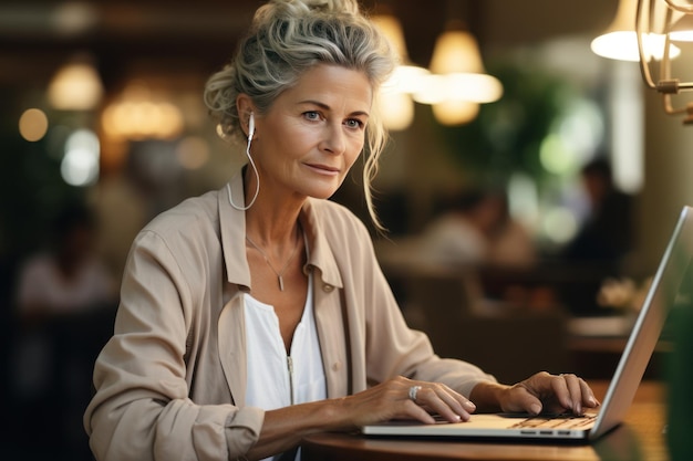 Mulher madura e atraente com fone de ouvido trabalhando no laptop no café ou no espaço de coworking Generative AI