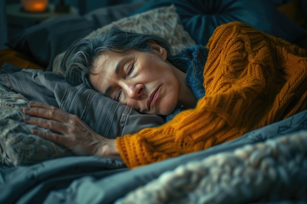 Mulher madura e bonita a dormir na cama.