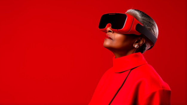 Mulher madura em fones de ouvido VR com tela vermelha isolada sobre vermelho