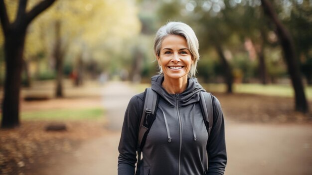 Mulher madura em forma andando no parque com um sorriso confiante olhando para a câmera