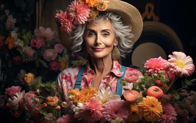 Foto mulher madura em meio a flores