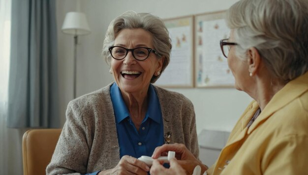Foto mulher madura feliz a divertir-se numa clínica geriátrica ou num lar de idosos.