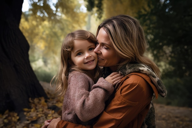 Mulher madura feliz abraçando sua filha em um parque