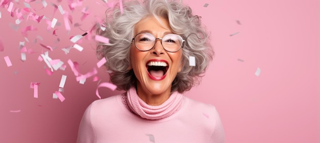 Mulher madura feliz com cabelos grisalhos comemorando a festa de ano novo em um fundo rosa com espaço para cópia