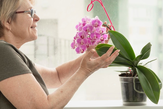 Mulher madura feliz desfruta de uma orquídea florescendo