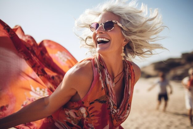 Mulher madura feliz está dançando em uma praia Linda ilustração IA generativa