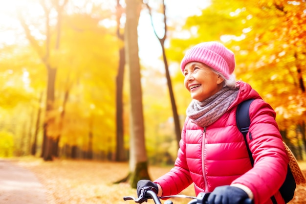 Mulher madura feliz vestindo roupas esportivas quentes andando de bicicleta no parque outono Conceito de vida saudável