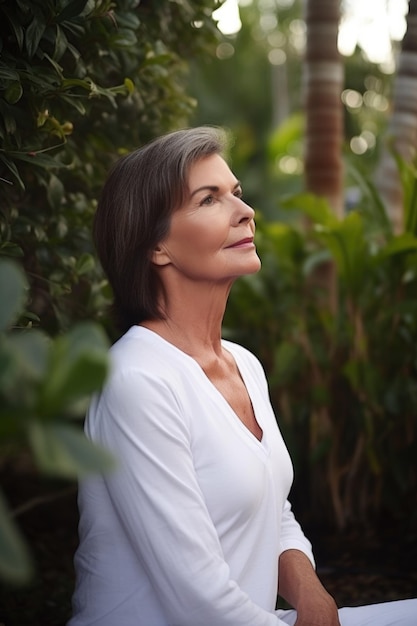 mulher madura ioga e meditação no jardim para prática de bem-estar ou treinamento criado com IA generativa