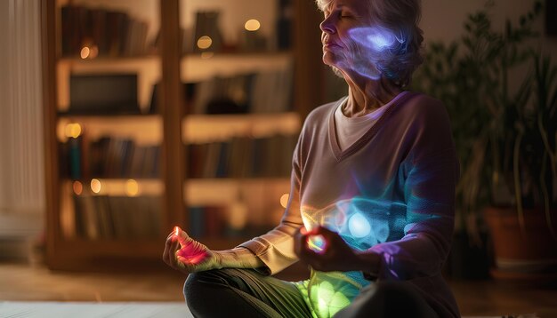 Foto mulher madura meditando com aura colorida em casa