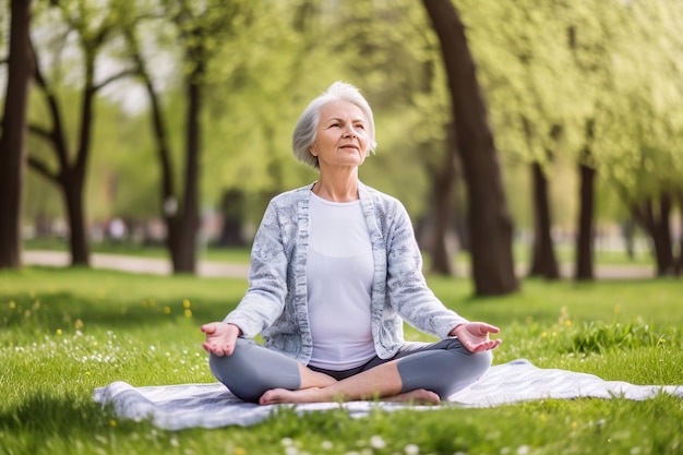 Mulher madura praticando ioga e meditação ao ar livre AI gerada