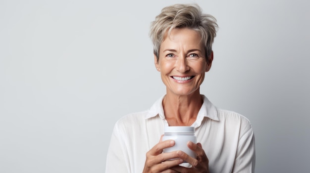 Mulher madura segura frasco com creme cosmético Mulher atraente com pele perfeita em fundo cinza conceito de beleza criado com tecnologia de IA generativa