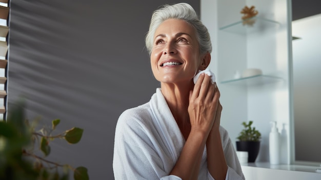 Mulher madura segura frasco com creme cosmético Mulher atraente com pele perfeita no fundo do banheiro