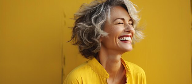 Mulher madura sorridente posando ao ar livre contra o espaço de cópia de fundo amarelo