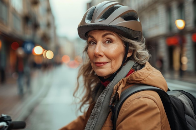 Mulher madura usa capacete de bicicleta para montar uma scooter elétrica na cidade