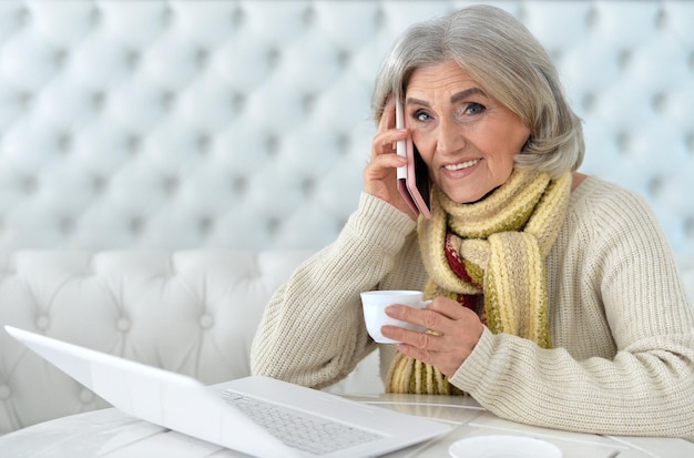 Mulher madura usando laptop, falando ao telefone