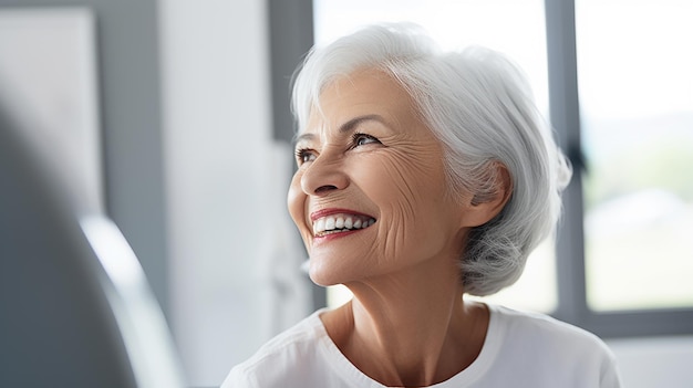 mulher mais velha alegre sorrindo para a câmera enquanto está sentada na cadeira