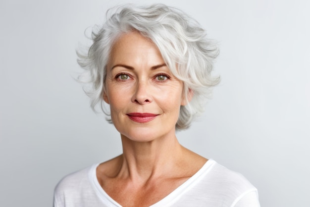 Mulher mais velha com cabelo branco vestindo camiseta branca e olhando para a câmera AI generativa