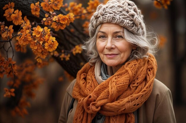 Foto mulher mais velha com cabelo cinzento e chapéu e lenço de inverno quente