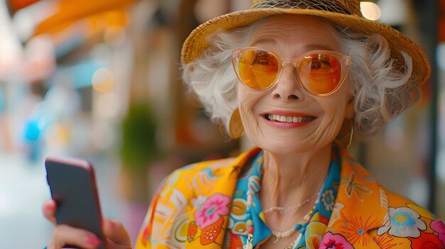 Mulher mais velha com chapéu e óculos de sol segurando um telefone celular IA generativa