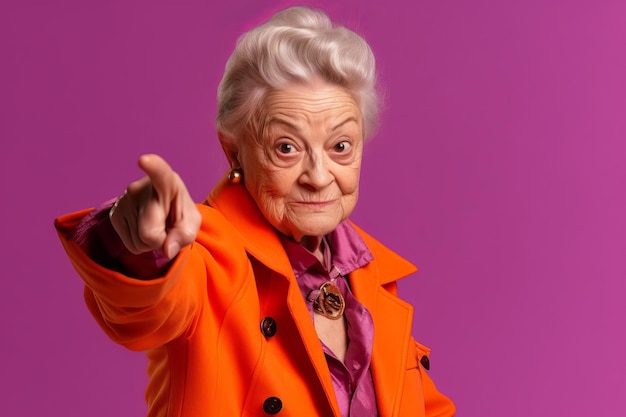 Mulher mais velha com jaqueta laranja apontando para a câmera com o dedo Generative AI