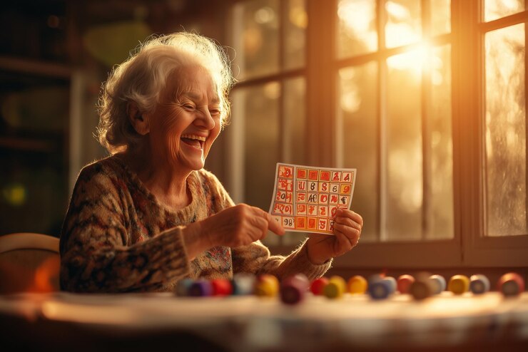 Mulher mais velha gosta de um jogo animado de bingo em uma sala aconchegante durante a hora de ouro