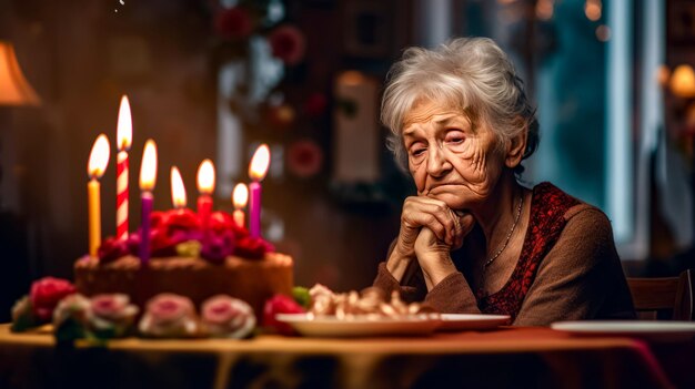 Foto mulher mais velha sentada em frente a um bolo com velas acesas generativa ai
