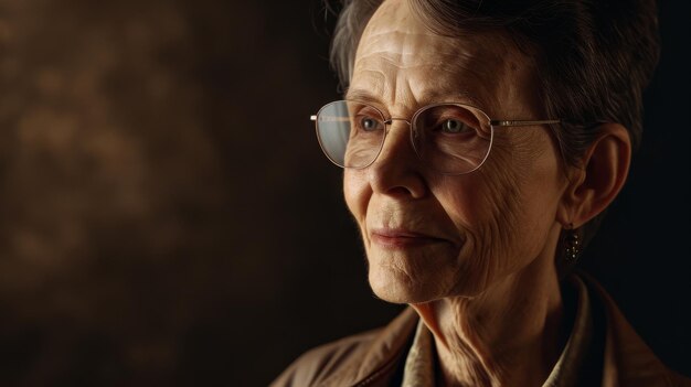 Foto mulher mais velha sorridente com óculos vestindo uma jaqueta marrom história das mulheres