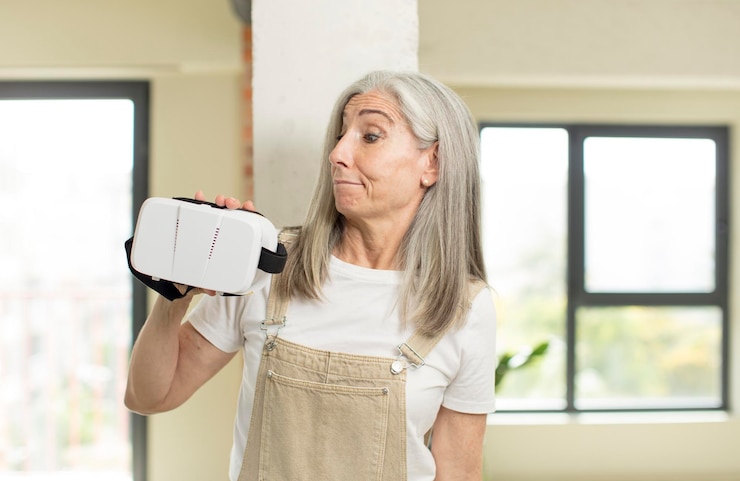 Foto mulher mais velha sorrindo e olhando com uma expressão feliz confiante com óculos vr