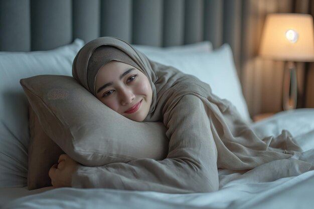 Foto mulher malaia vestindo hijab abraçando almofada em seu quarto