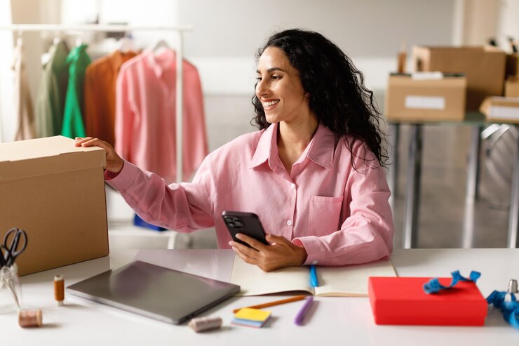Foto mulher mandando mensagens de texto para clientes embalando pedidos de roupas no showroom