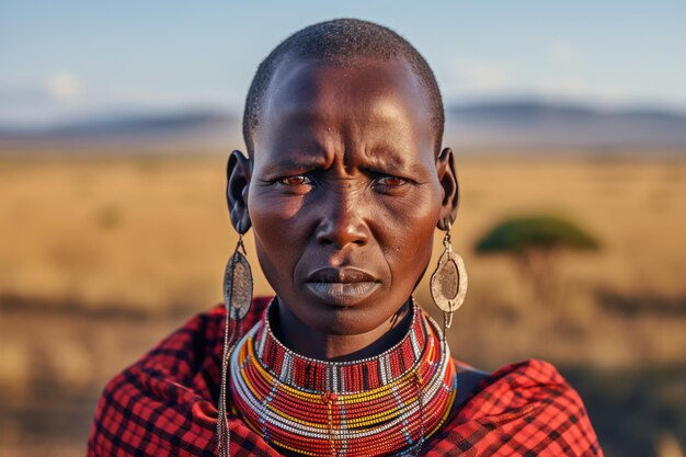 Foto mulher masai em trajes tradicionais com um olhar sério