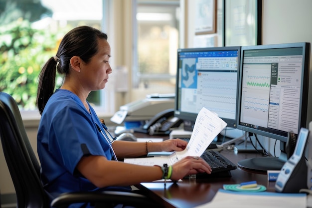 Mulher médica alegre trabalhando com tecnologia de imagem avançada em um ambiente hospitalar