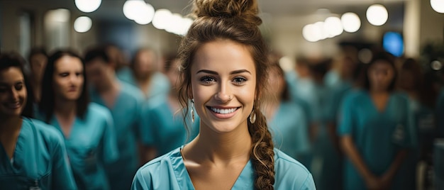 mulher médica caucasiana de retrato com enfermeiras e assistentes de equipe borrada