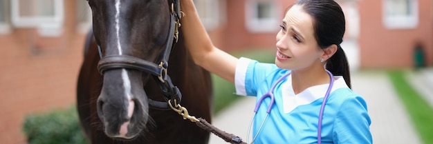 Mulher médica veterinária segurando cavalo puro-sangue pelo freio no estábulo e acariciando a cabeça