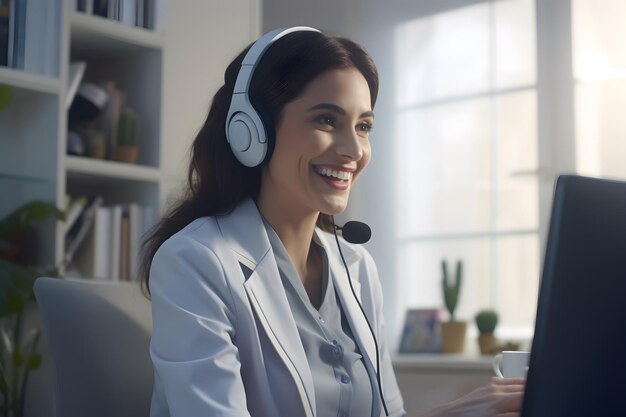 Mulher médico falando com paciente on-line na tela do computador sentada na mesa do escritório da clínica dando consulta on-line para tratamento de saúde doméstica Telemedicina consulta médica remota