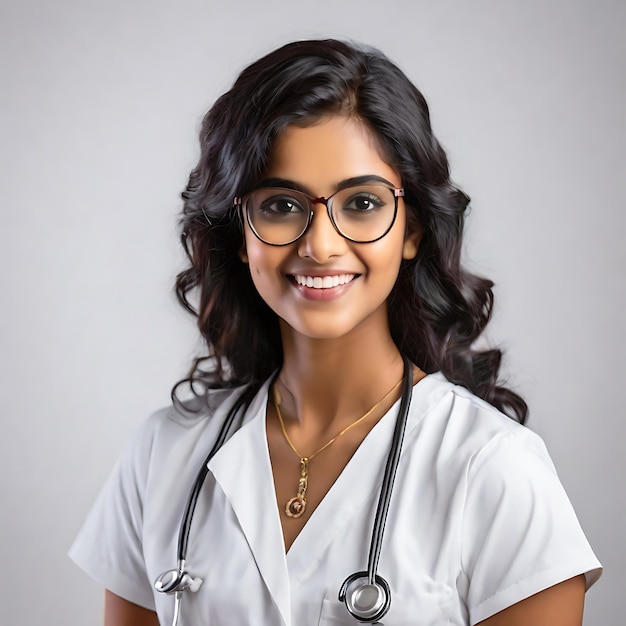 Foto mulher médico indiana com óculos em fundo branco sorriso retrato